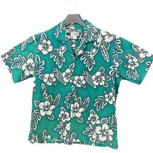 Made in Hawaii Teal with white plumeria and surf boards Aloha Shirt Large
